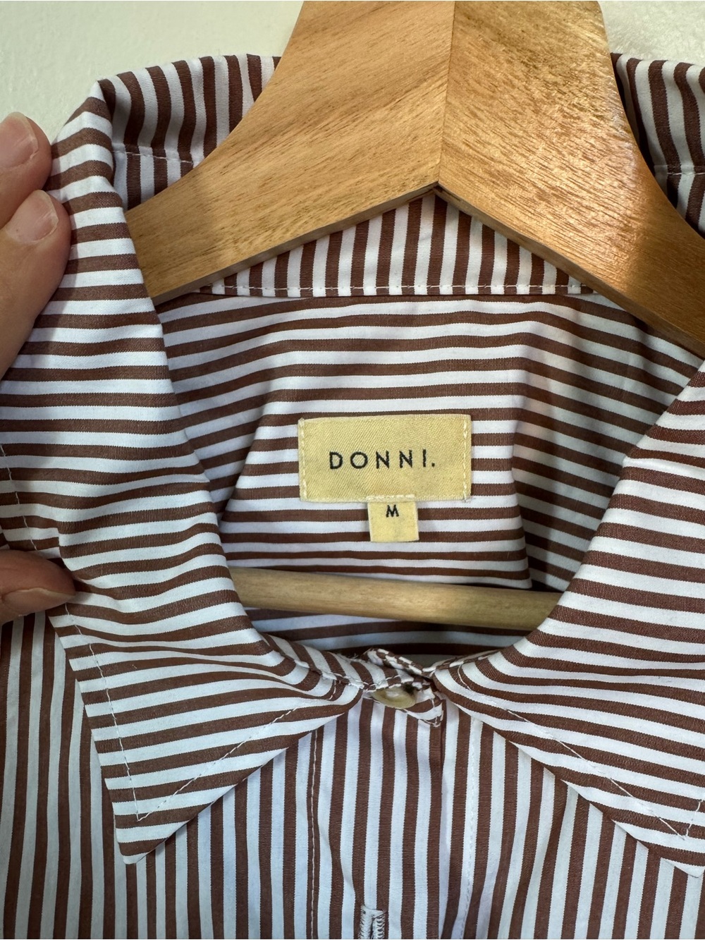 DONNI. Brown and White Vertical Stripe Button-Down Shirt - Picture 3 of 6